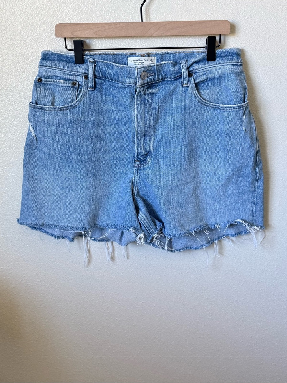 Abercrombie & Fitch Curve Love Light Blue Distressed Denim Cutoff Shorts